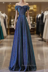 Pretty A Line Off The Shoulder Blue Sequin Long Semi Formal Prom Dresses Evening Gowns