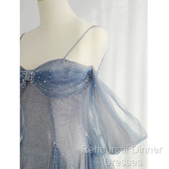 Pretty A Line Off The Shoulder Blue Sequin Tulle Long Length Evening Dress Semi Formal Prom Dresses