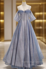 Pretty A Line Off The Shoulder Blue Sequin Tulle Long Length Evening Dress Semi Formal Prom Dresses