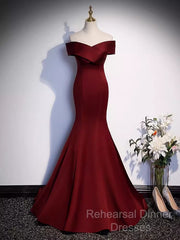 Pretty A Line Off The Shoulder Burgundy Satin Long Evening Party Dress Semi Formal Prom Dresses With Bow