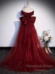 Pretty A Line Off The Shoulder Burgundy Satin Long Evening Party Dress Semi Formal Prom Dresses With Bow