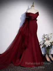 Pretty A Line Off The Shoulder Burgundy Satin Long Evening Party Dress Semi Formal Prom Dresses With Bow