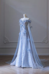 Pretty A Line Off The Shoulder Floor-Length Blue Sequin Short Sleeves Evening Dress Semi Formal Prom Dresses