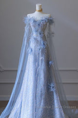 Pretty A Line Off The Shoulder Floor-Length Blue Sequin Short Sleeves Evening Dress Semi Formal Prom Dresses