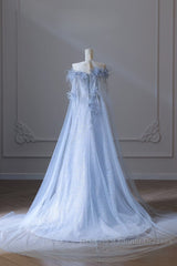 Pretty A Line Off The Shoulder Floor-Length Blue Sequin Short Sleeves Evening Dress Semi Formal Prom Dresses