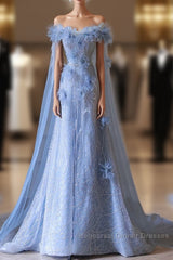 Pretty A Line Off The Shoulder Floor-Length Blue Sequin Short Sleeves Evening Dress Semi Formal Prom Dresses