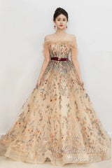 Pretty A Line Off The Shoulder Long Sleeves Floral Tulle Long Length Evening Dress Semi Formal Prom Dresses