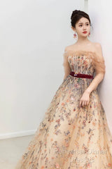 Pretty A Line Off The Shoulder Long Sleeves Floral Tulle Long Length Evening Dress Semi Formal Prom Dresses