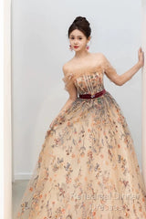 Pretty A Line Off The Shoulder Long Sleeves Floral Tulle Long Length Evening Dress Semi Formal Prom Dresses
