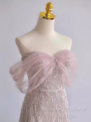 Pretty A Line Off The Shoulder Pink Sequin Long Evening Party Dress Semi Formal Prom Dresses With Beads