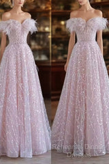 Pretty A Line Off The Shoulder Pink Sequin Long Evening Party Dress Semi Formal Prom Dresses