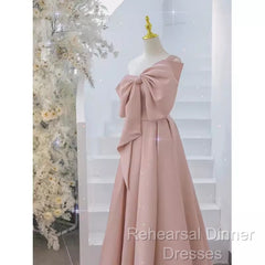 Pretty A Line One Shoulder Pink Satin Long Evening Party Dress Semi Formal Prom Dresses With Bowknot