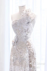 Pretty A Line One Shoulder Silver Sequin Long Length Evening Dress Semi Formal Prom Dresses