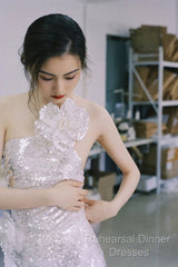 Pretty A Line One Shoulder Silver Sequin Long Length Evening Dress Semi Formal Prom Dresses