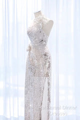 Pretty A Line One Shoulder Silver Sequin Long Length Evening Dress Semi Formal Prom Dresses