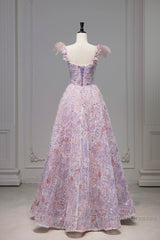 Pretty A Line Spaghetti Straps Pink Floral Long Length Evening Dress Semi Formal Prom Dresses