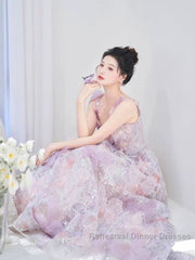 Pretty A Line Spaghetti Straps Pink Floral Long Length Evening Dress Semi Formal Prom Dresses