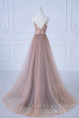 Pretty A Line Spaghetti Straps Tulle Long Length Evening Dress Semi Formal Prom Dresses