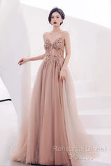 Pretty A Line Spaghetti Straps Tulle Long Length Evening Dress Semi Formal Prom Dresses