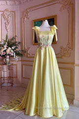 Pretty A Line Straps Satin Yellow Long Semi Formal Prom Dresses Formal Evening Dresses