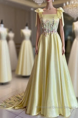 Pretty A Line Straps Satin Yellow Long Semi Formal Prom Dresses Formal Evening Dresses