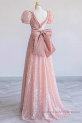 Pretty A Line Sweetheart Short Sleeves Long Evening Party Dress Pink Semi Formal Prom Dresses