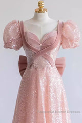 Pretty A Line Sweetheart Short Sleeves Long Evening Party Dress Pink Semi Formal Prom Dresses
