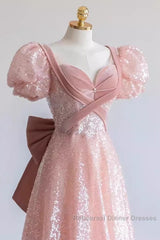 Pretty A Line Sweetheart Short Sleeves Long Evening Party Dress Pink Semi Formal Prom Dresses