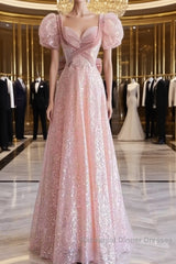 Pretty A Line Sweetheart Short Sleeves Long Evening Party Dress Pink Semi Formal Prom Dresses