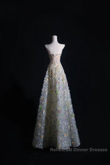 Pretty A Line Sweetheart Tulle Floral Long Semi Formal Prom Dresses Evening Gowns