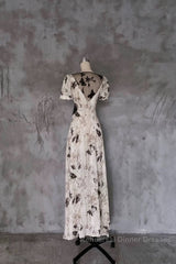 Pretty A Line V Neckline Floral Long Semi Formal Prom Dresses Birthday Dress For Women