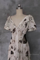 Pretty A Line V Neckline Floral Long Semi Formal Prom Dresses Birthday Dress For Women