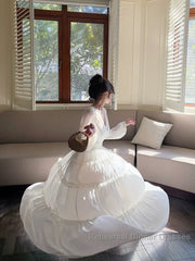 Pretty A Line V Neckline Long Sleeves Chiffon White Ankle Length Evening Dress Semi Formal Prom Dresses