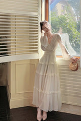 Pretty A Line V Neckline Long Sleeves Chiffon White Ankle Length Evening Dress Semi Formal Prom Dresses