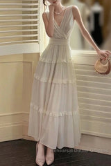 Pretty A Line V Neckline Long Sleeves Chiffon White Ankle Length Evening Dress Semi Formal Prom Dresses