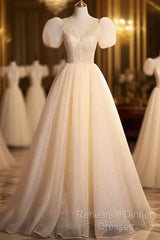 Pretty A Line V Neckline Short Sleeves Long Evening Party Dress Semi Formal Prom Dresses