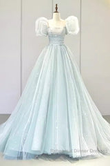 Pretty Ball Gown Square Neckline Short Sleeves Long Evening Party Dress Semi Formal Prom Dresses
