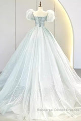 Pretty Ball Gown Square Neckline Short Sleeves Long Evening Party Dress Semi Formal Prom Dresses
