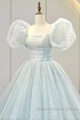 Pretty Ball Gown Square Neckline Short Sleeves Long Evening Party Dress Semi Formal Prom Dresses