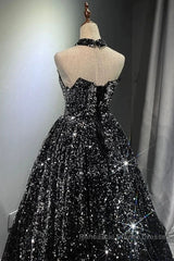 Pretty Ball Gown Strapless Black Sequin Semi Formal Prom Dresses Evening Dress
