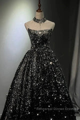 Pretty Ball Gown Strapless Black Sequin Semi Formal Prom Dresses Evening Dress