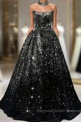 Pretty Ball Gown Strapless Black Sequin Semi Formal Prom Dresses Evening Dress