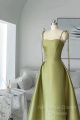 Pretty Ball Gown Straps Sage Green Satin Long Length Evening Dress Semi Formal Prom Dresses