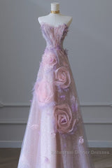 Pretty Ball Gown Sweetheart Pink Floral Tulle Long Semi Formal Prom Dresses Evening Gowns