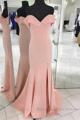 Pretty Blush Pink Mermaid V-Neck Off Shoulder Semi Formal Prom Dresses Long