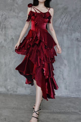 Pretty Irregular Ruffled Spaghetti Straps Burgundy Semi Formal Prom Dresses With Detachable Rose Long Birthday Dress For Women