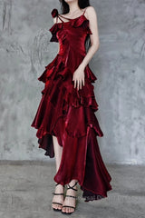 Pretty Irregular Ruffled Spaghetti Straps Burgundy Semi Formal Prom Dresses With Detachable Rose Long Birthday Dress For Women