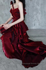 Pretty Irregular Ruffled Spaghetti Straps Burgundy Semi Formal Prom Dresses With Detachable Rose Long Birthday Dress For Women