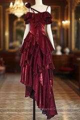 Pretty Irregular Ruffled Spaghetti Straps Burgundy Semi Formal Prom Dresses With Detachable Rose Long Birthday Dress For Women