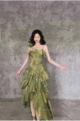 Pretty Irregular Ruffled Spaghetti Straps Green Semi Formal Prom Dresses With Detachable Rose Long Birthday Dress For Women
